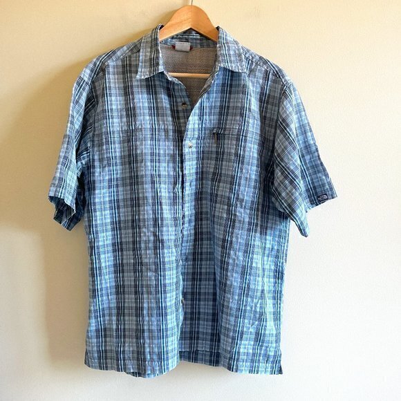 The North Face Short Sleeve Button Down Shirt Top Blue Plaid Mens Sz L Athletic